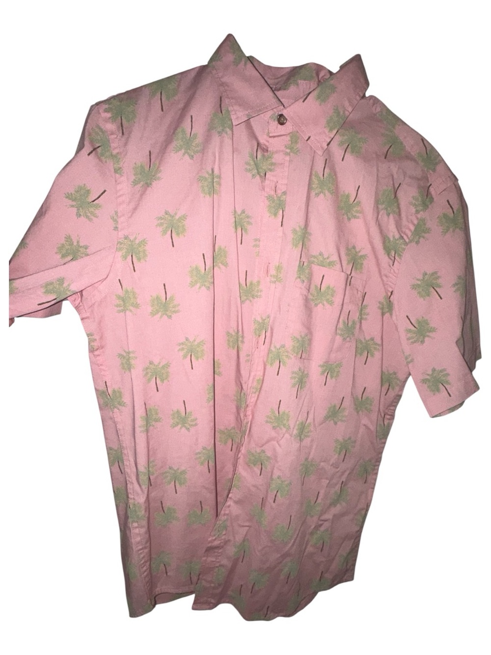 Old Navy Pink Short Sleeve Button-Up Shirt with Green Palm Print